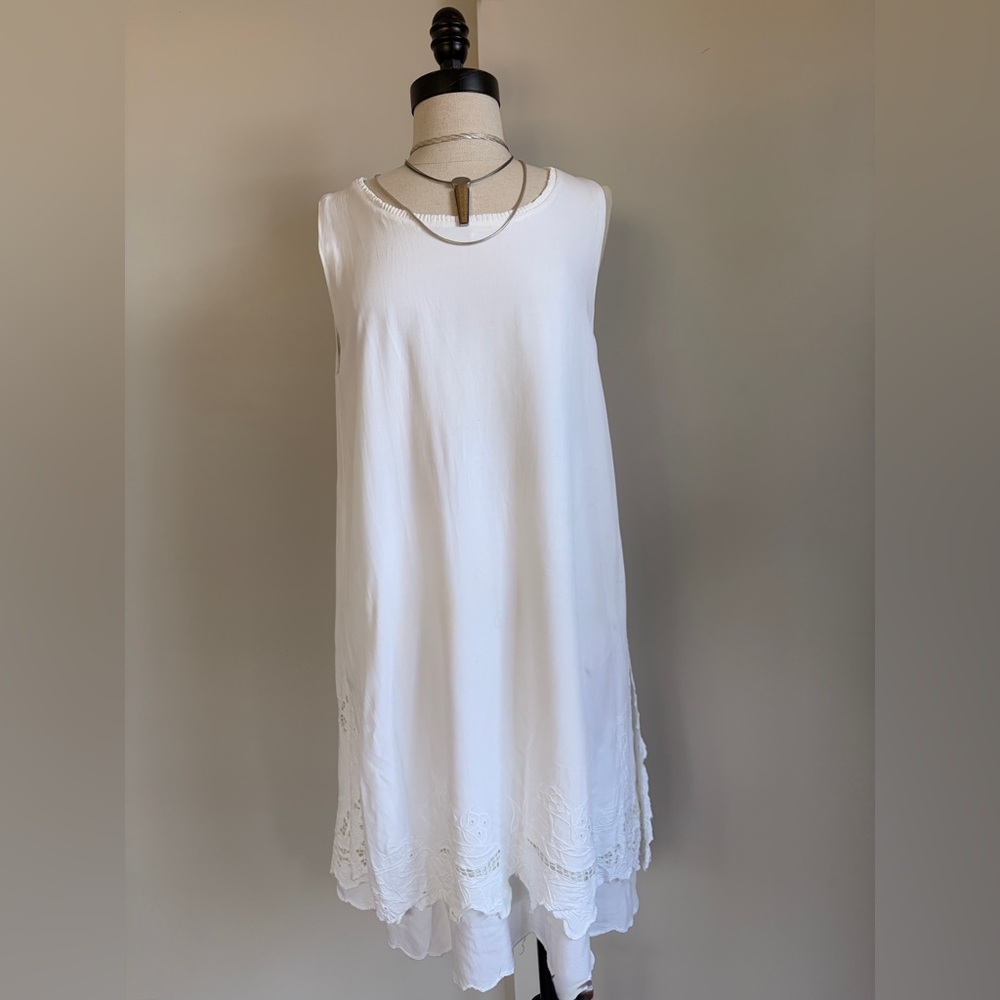 Vintage 70s Bali Chic White Embroidered Boho Midi Dress XL